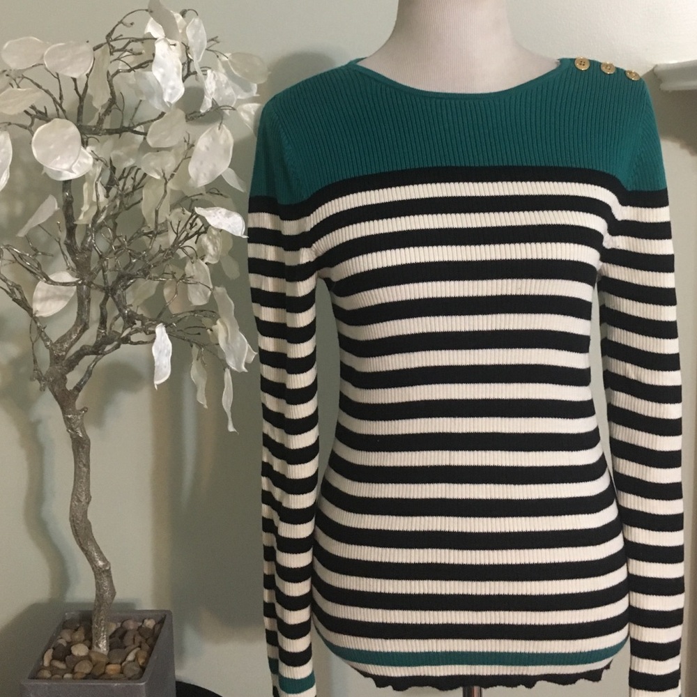 Ralph Lauren Teal & Black-White Striped Ribbed Crew Sweater with Gold Buttons